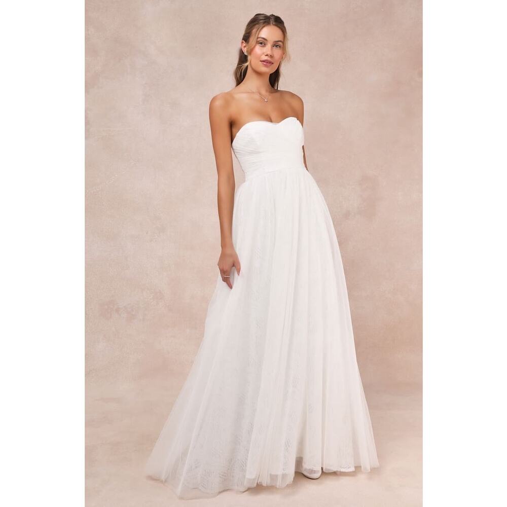 NWT Lulus Blissful Forever White Tulle Lace Strapless Pleated Maxi Dress Size M